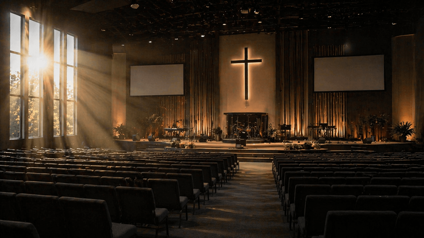 Church sanctuary with light streaming through windows