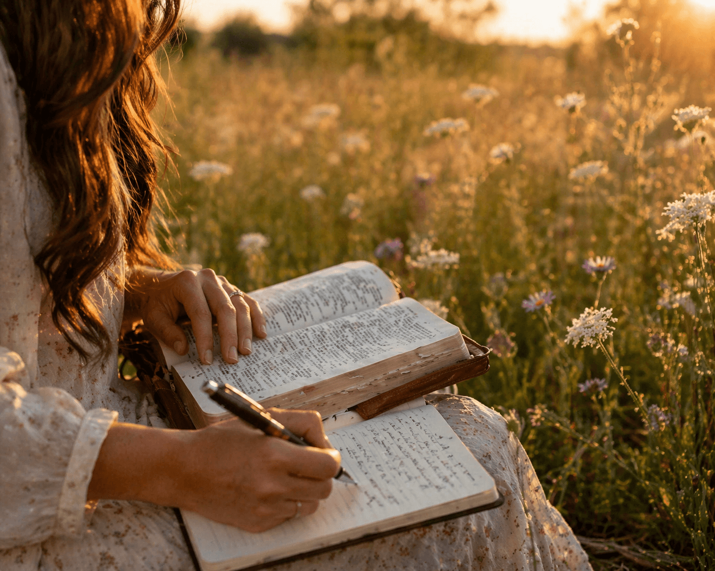 Woman reading Bible in a wildflower field