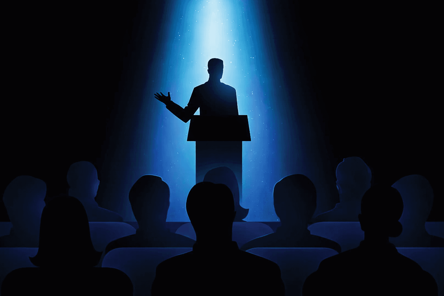 Silhouette of a speaker at a podium under a spotlight