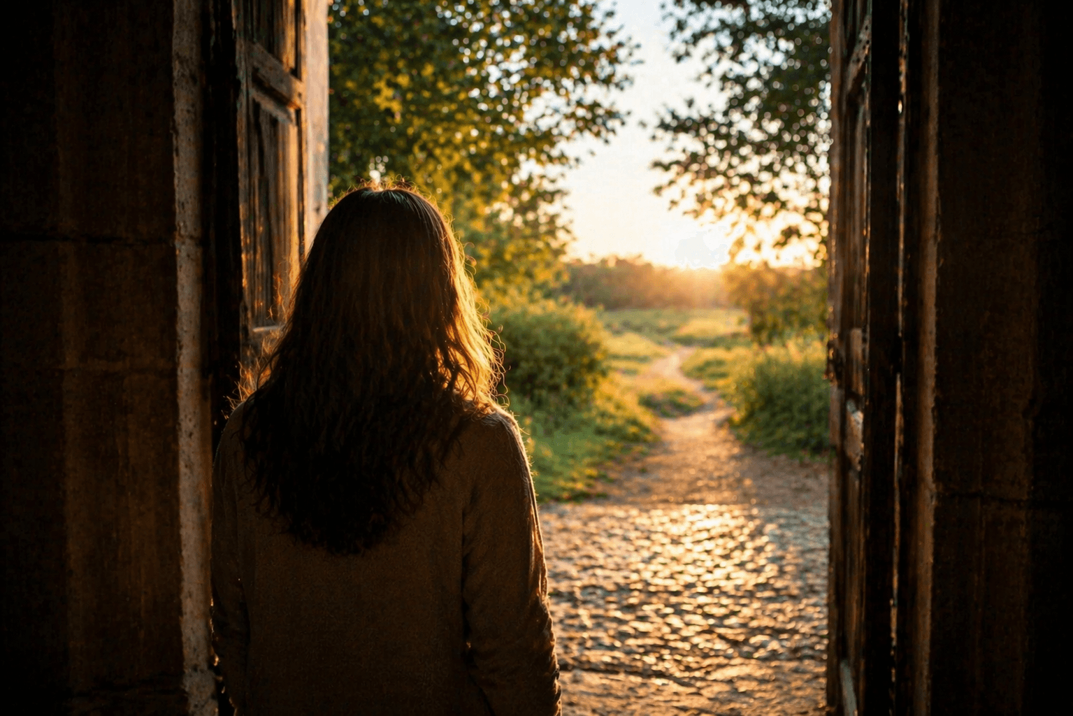 Woman stepping through doorway into sunlit path