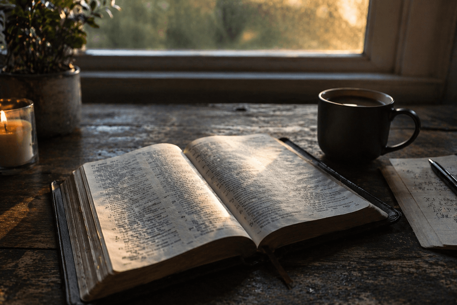 Bible open on table with morning light