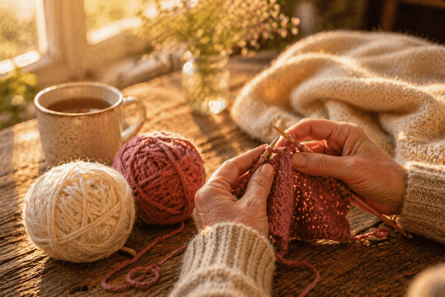 Hands knitting with warm yarn in golden light