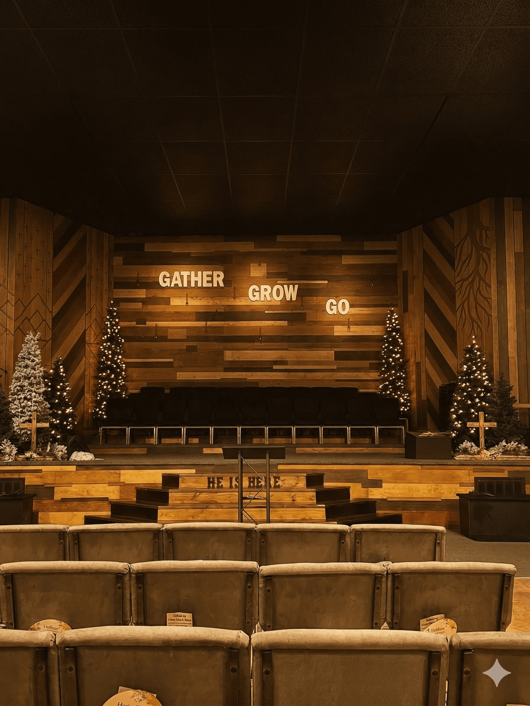 Mallory Church of God sanctuary with Gather Grow Go on stage