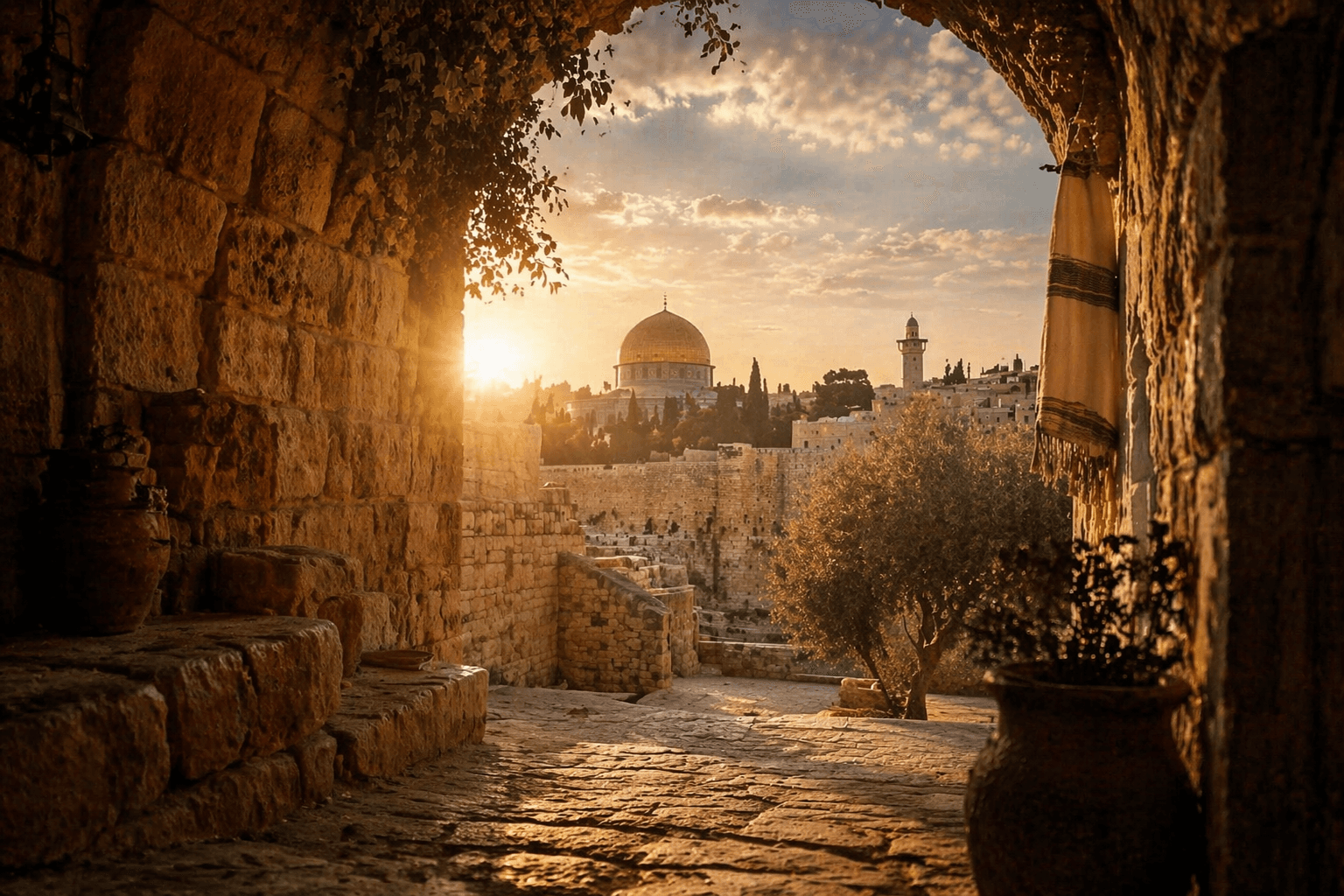 Jerusalem at sunset through ancient archway